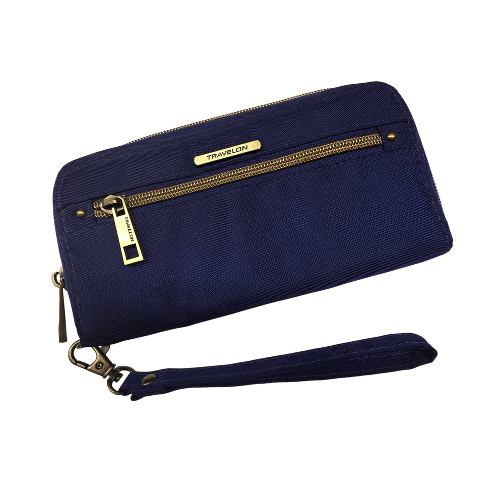 Travelon Zip Wallet Womens‎ Navy Blue RFID Blocking Wristlet Travel Organizer